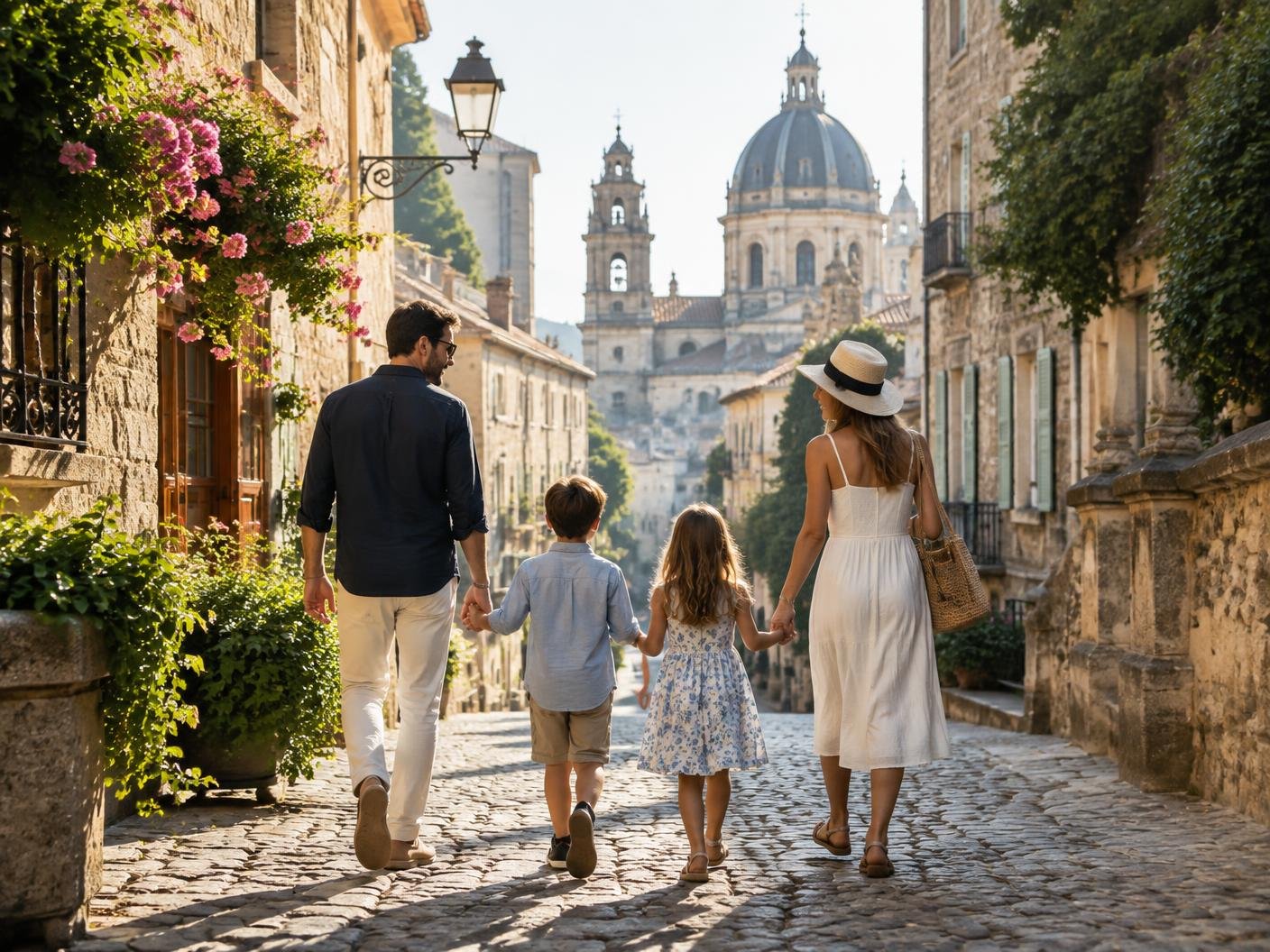 Família viajando por uma cidade histórica